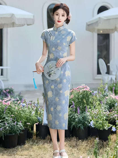 Women's Blue Floral Qipao Cheongsam Dress – additional product view