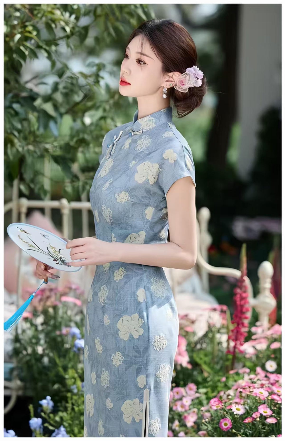 Women's Blue Floral Qipao Cheongsam Dress – additional product view