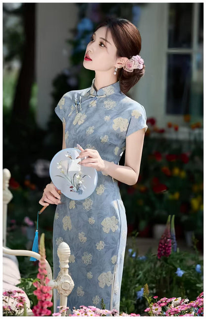 Women's Blue Floral Qipao Cheongsam Dress – additional product view