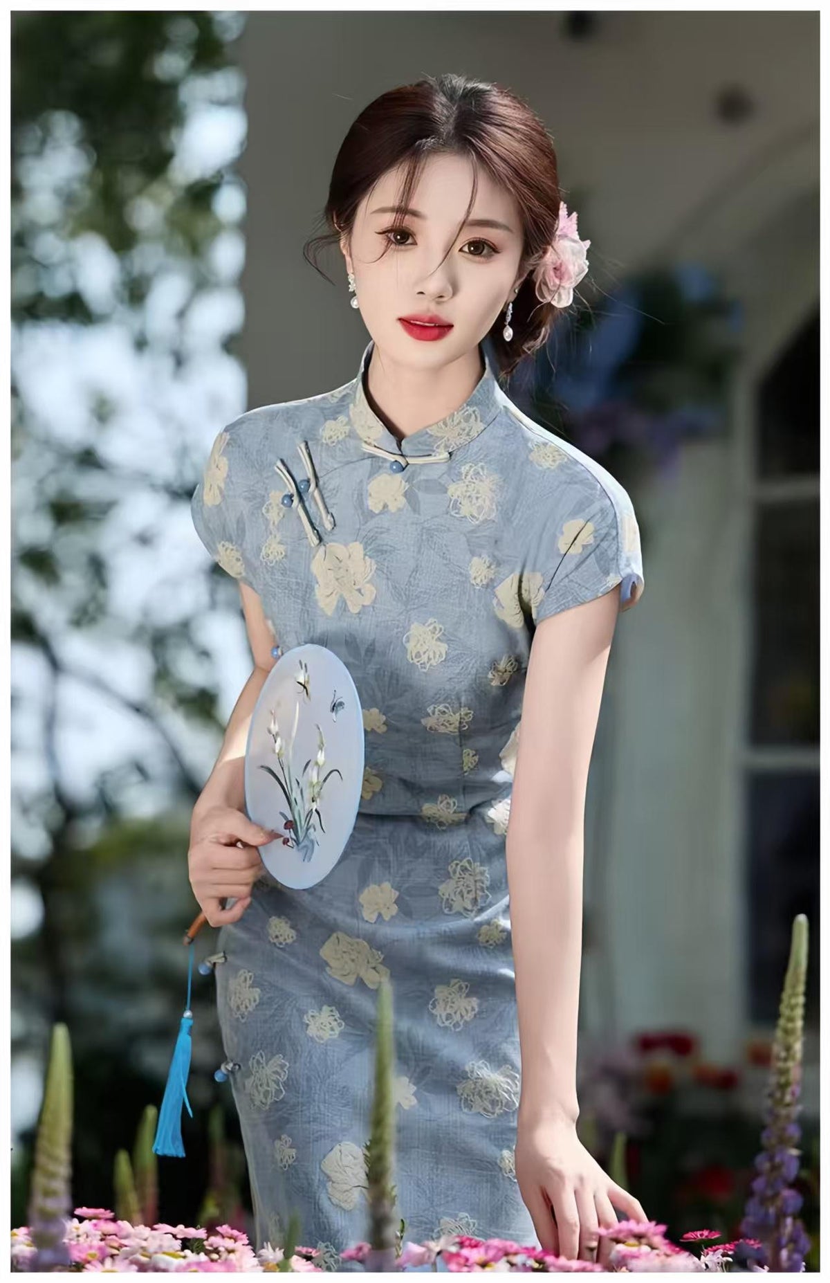 Women's Blue Floral Qipao Cheongsam Dress – additional product view