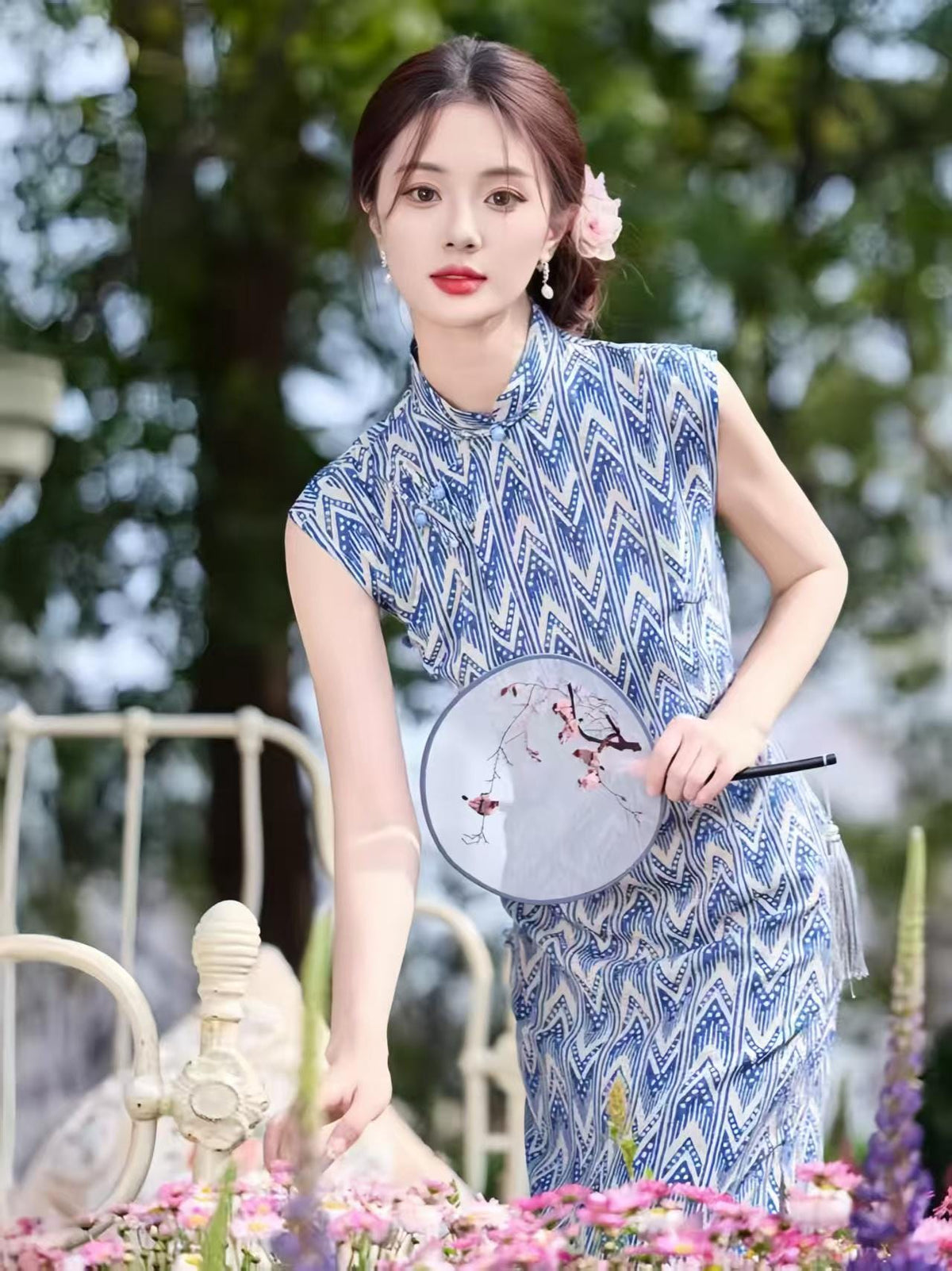 Women's Blue Floral Qipao Cheongsam Dress – Geometric Fitted
