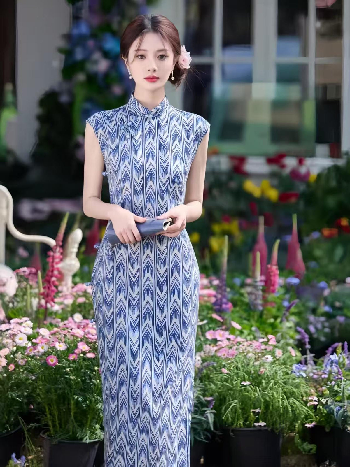 Women's Blue Floral Qipao Cheongsam Dress – Geometric Fitted – additional product view