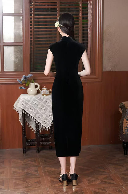 Women's Black Vintage Velvet Qipao Cheongsam Dress – additional product view