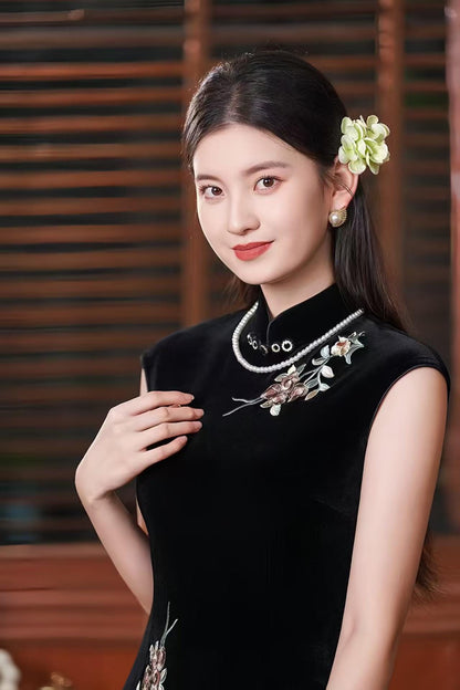 Women's Black Vintage Velvet Qipao Cheongsam Dress – additional product view