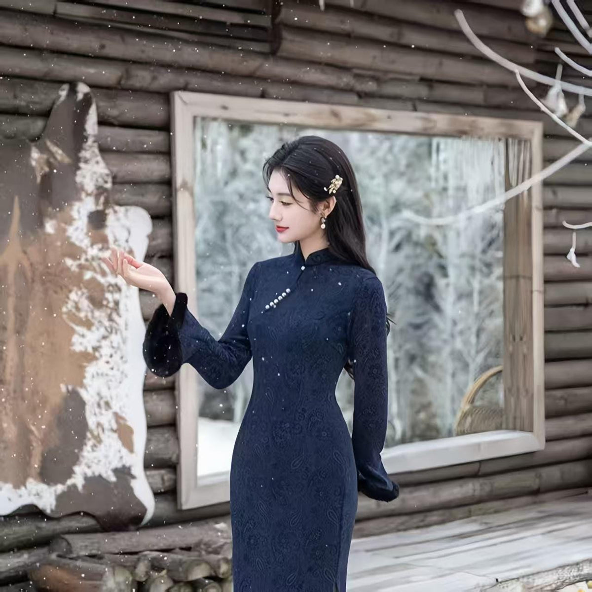 Women's Blue Vintage Velvet Qipao Cheongsam Dress – Fitted – additional product view