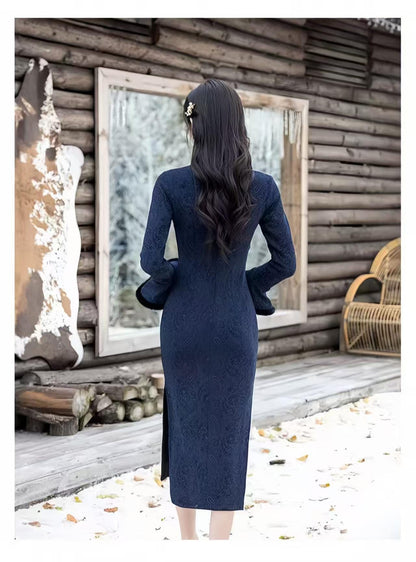 Women's Blue Vintage Velvet Qipao Cheongsam Dress – Fitted – additional product view