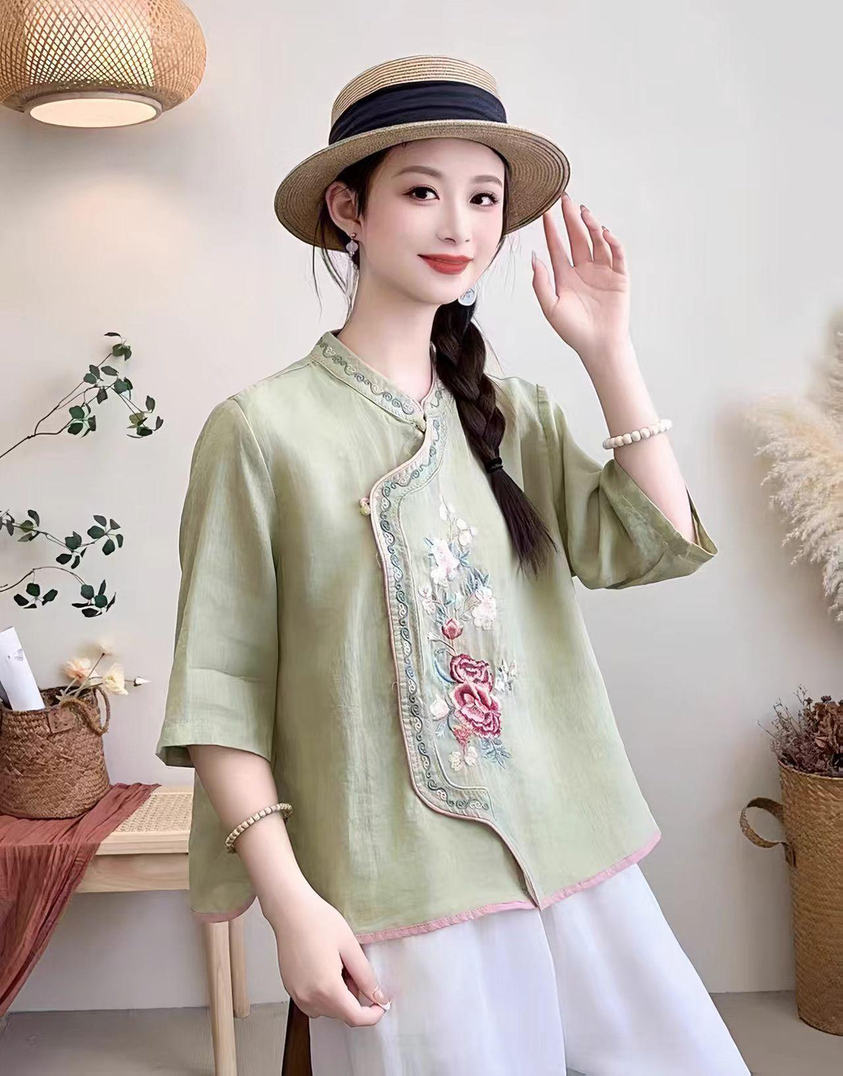 Women's Floral Qipao Cheongsam Dress – Linen Floral Embroidery – additional product view