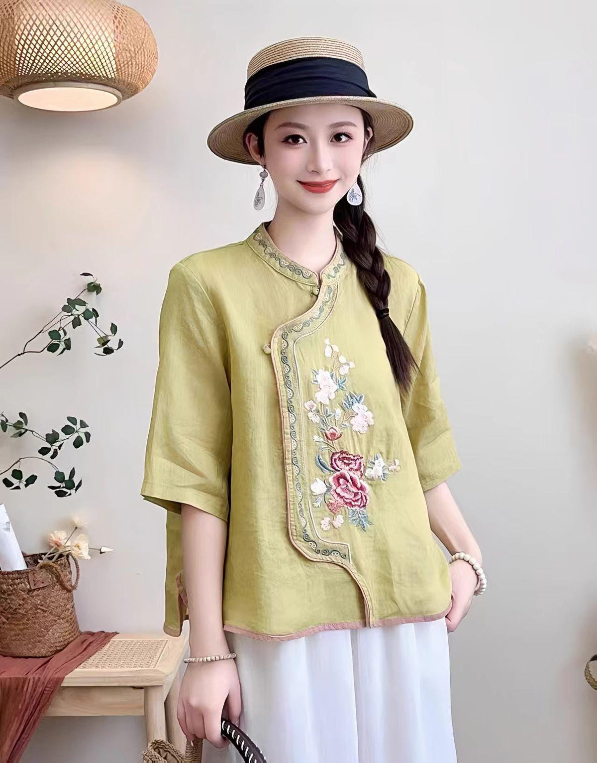 Women's Floral Qipao Cheongsam Dress – Linen Floral Embroidery – additional product view
