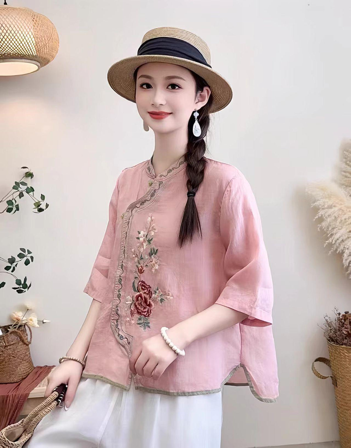 Women's Floral Qipao Cheongsam Dress – Linen Floral Embroidery – additional product view