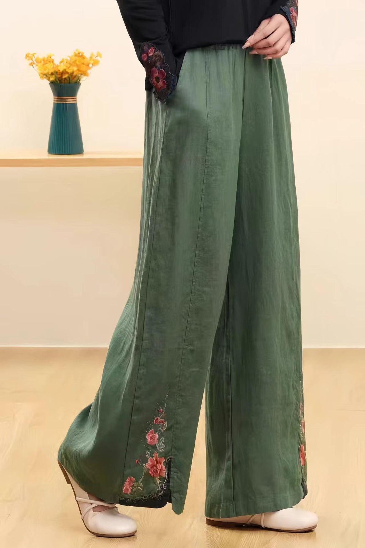 Embroidered Vintage Linen Chinese Style Wide-Leg Pants – additional product view
