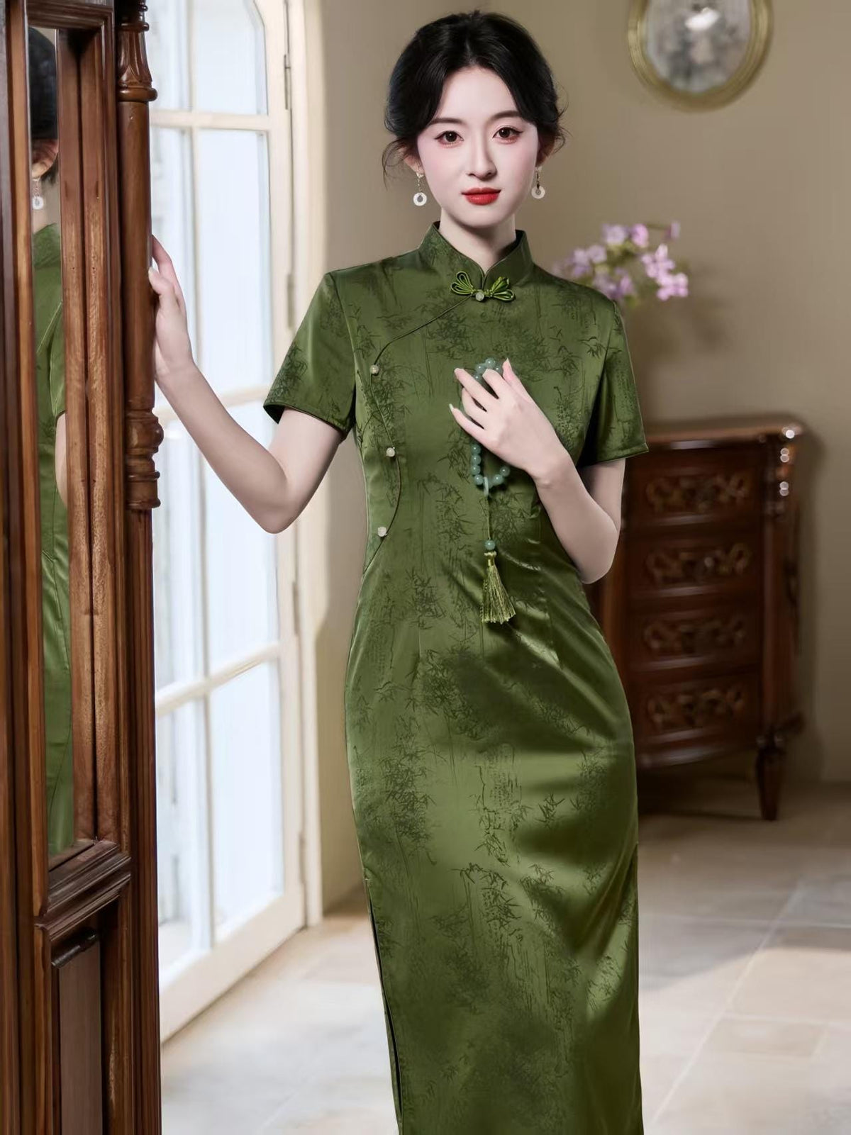 Women's Green Jacquard Qipao Cheongsam Dress – Fitted – additional product view