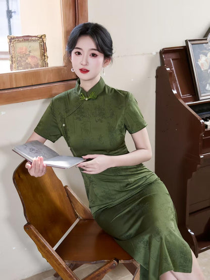 Women's Green Jacquard Qipao Cheongsam Dress – Fitted – additional product view