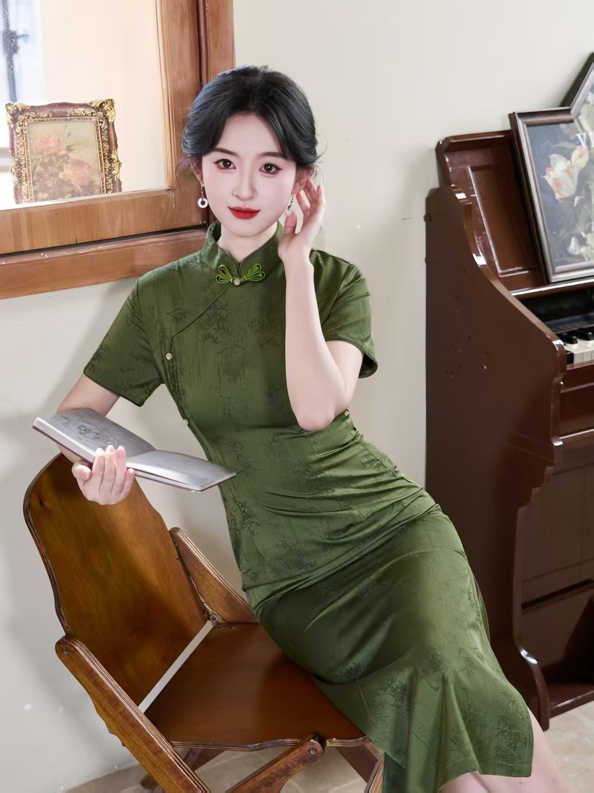 Women's Green Jacquard Qipao Cheongsam Dress – Fitted