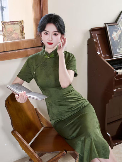 Women's Green Jacquard Qipao Cheongsam Dress – Fitted