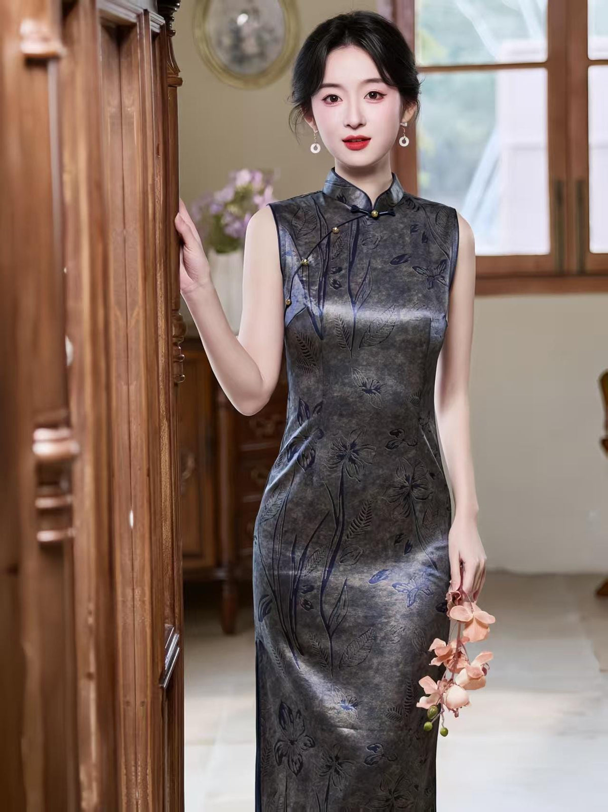 Women's Vintage Satin Qipao Cheongsam Dress – Gray Maxi Fitted – additional product view