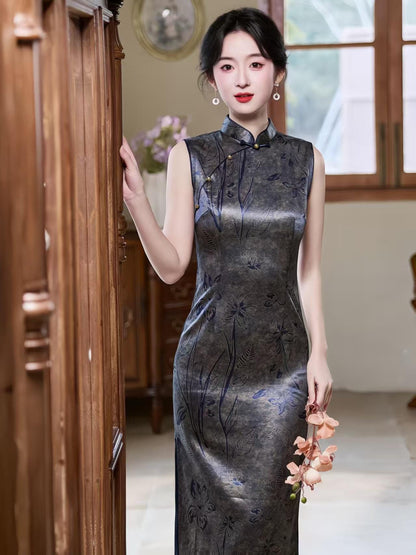 Women's Vintage Satin Qipao Cheongsam Dress – Gray Maxi Fitted – additional product view
