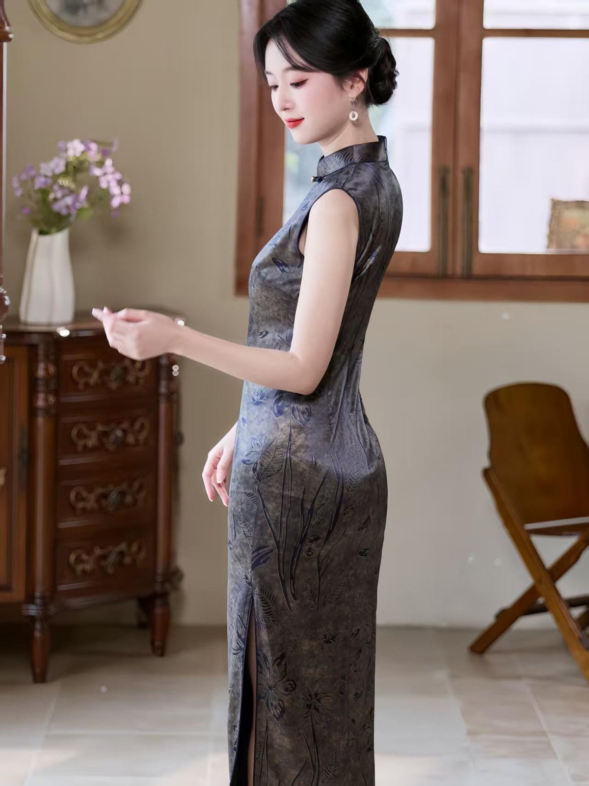 Women's Vintage Satin Qipao Cheongsam Dress – Gray Maxi Fitted – additional product view