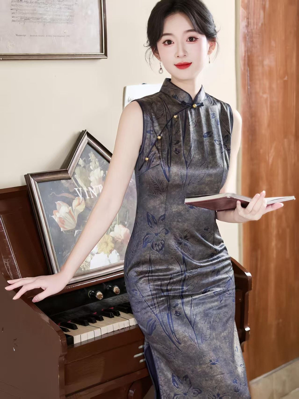 Women's Vintage Satin Qipao Cheongsam Dress – Gray Maxi Fitted – additional product view