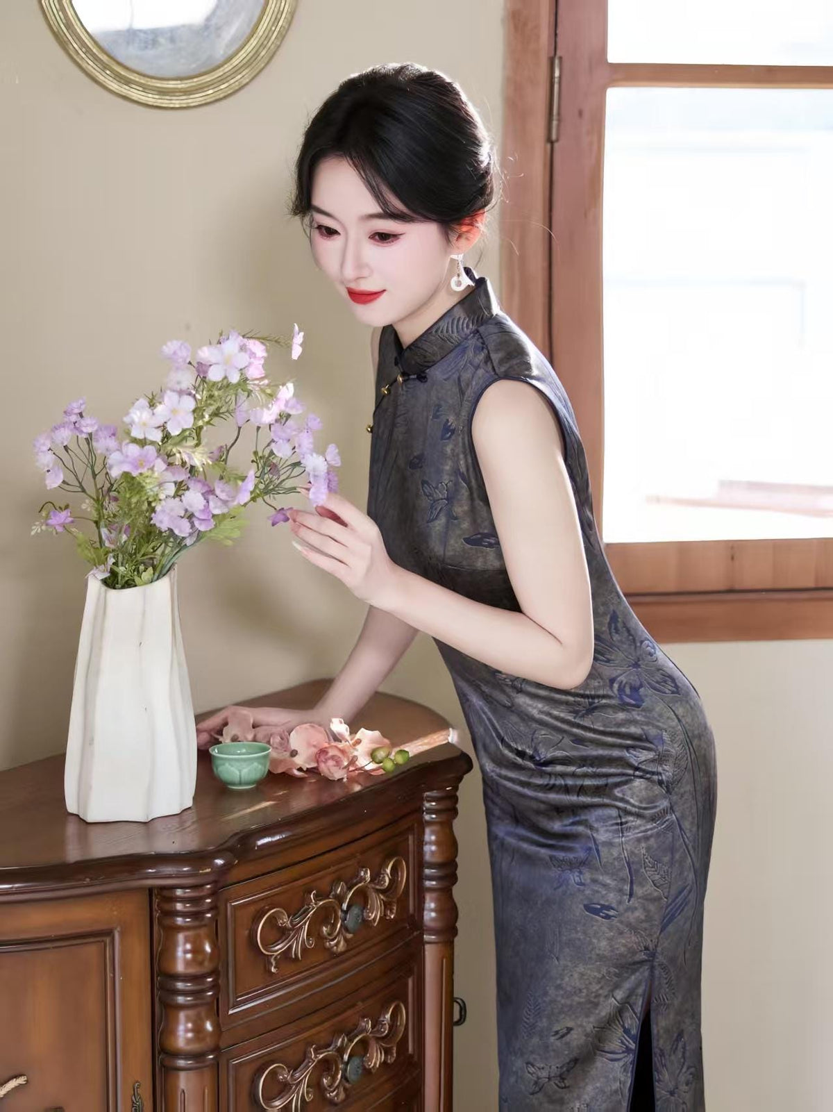 Women's Vintage Satin Qipao Cheongsam Dress – Gray Maxi Fitted – additional product view