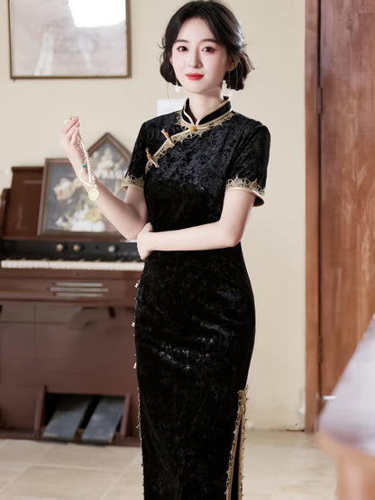 Women's Black Elegant Velvet Qipao Cheongsam Dress – Printed Fitted – additional product view
