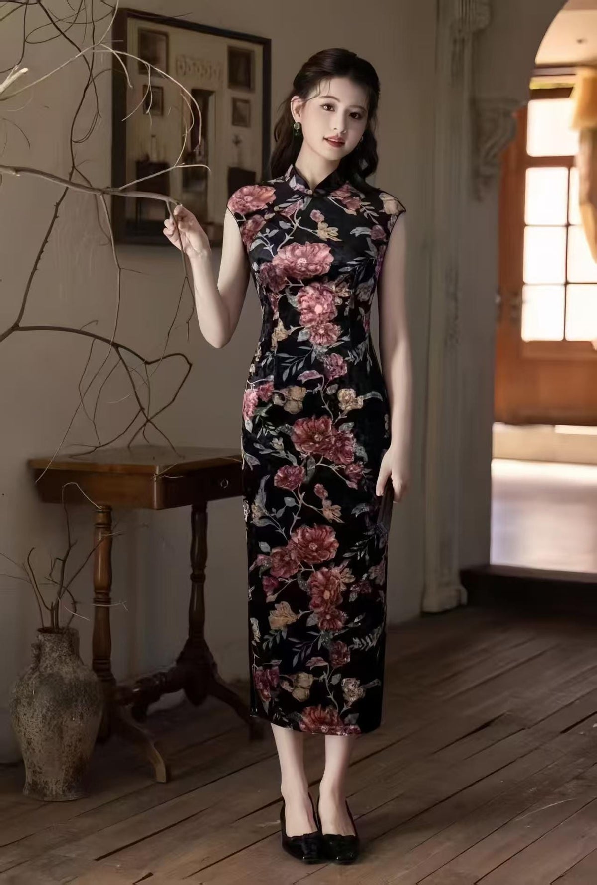 Women's Black Floral Velvet Qipao Cheongsam Dress – additional product view