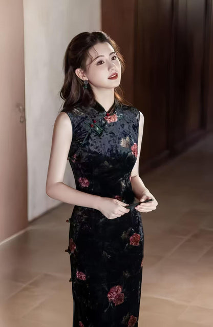 Women's Pink Vintage Velvet Qipao Cheongsam Dress – additional product view