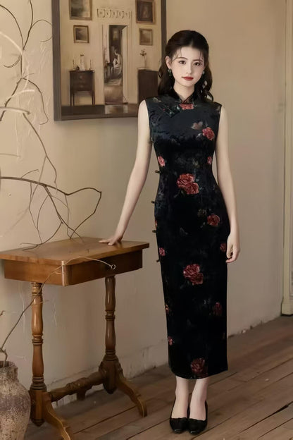 Women's Pink Vintage Velvet Qipao Cheongsam Dress – additional product view