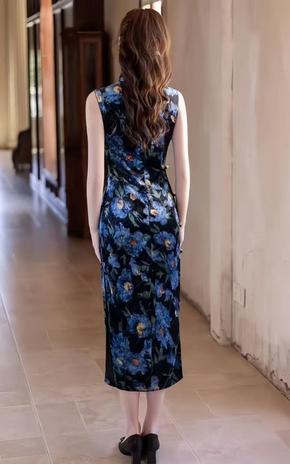 Women's Blue Floral Velvet Qipao Cheongsam Dress – Maxi Fitted – additional product view