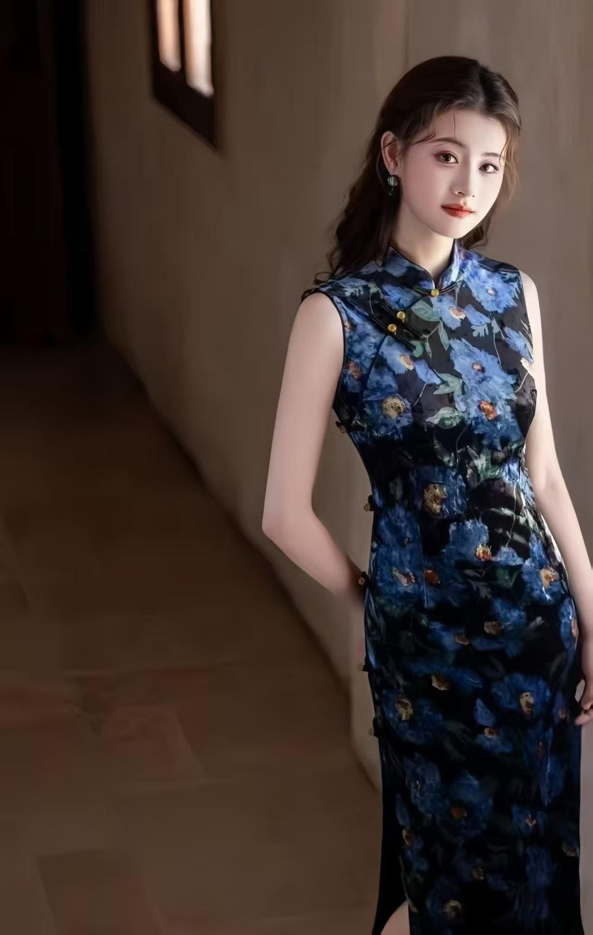 Women's Blue Floral Velvet Qipao Cheongsam Dress – Maxi Fitted – additional product view