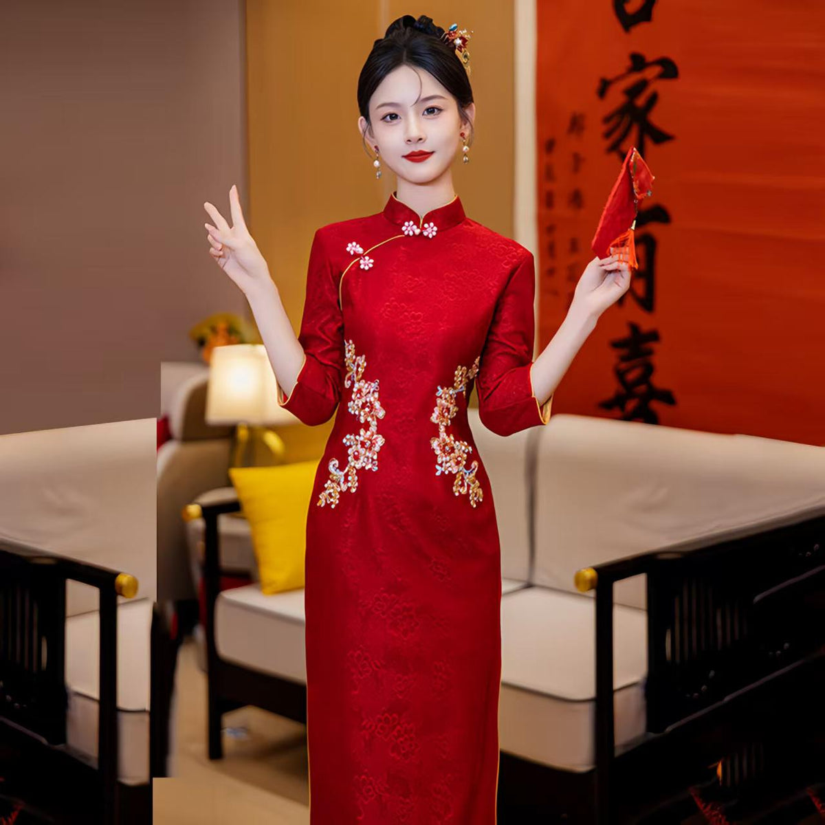 Women's Red Jacquard Qipao Cheongsam Dress – additional product view