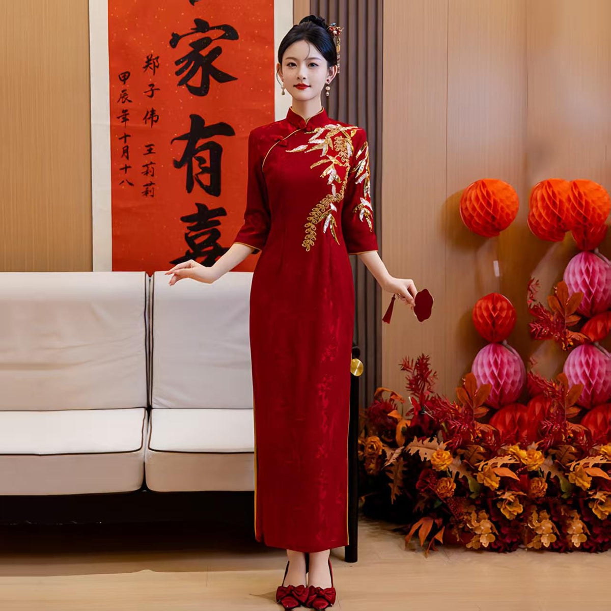 Women's Red Jacquard Qipao Cheongsam Dress – additional product view