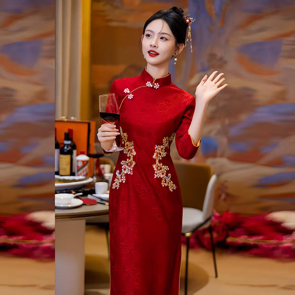 Women's Red Jacquard Qipao Cheongsam Dress – additional product view