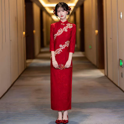 Women's Red Jacquard Qipao Cheongsam Dress – additional product view