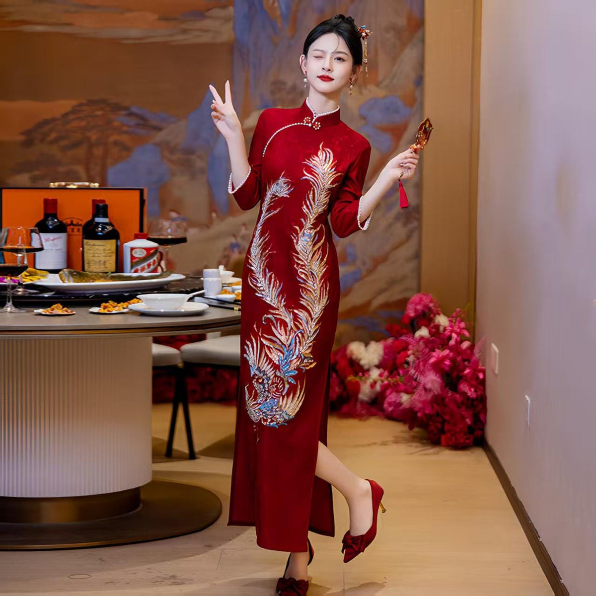 Women's Red Jacquard Qipao Cheongsam Dress
