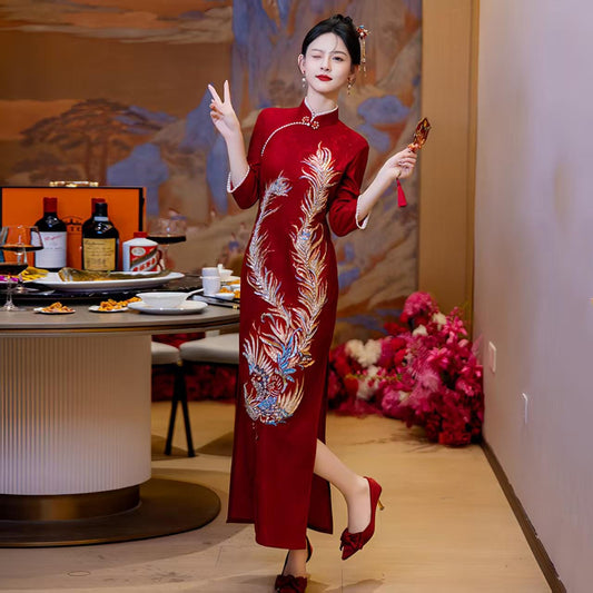 Women's Red Jacquard Qipao Cheongsam Dress