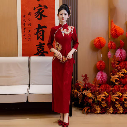 Women's Red Jacquard Qipao Cheongsam Dress – additional product view