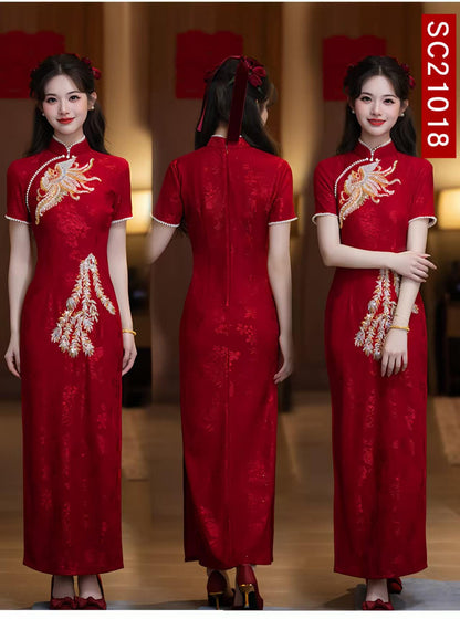 Women's Red Jacquard Qipao Cheongsam Dress – additional product view