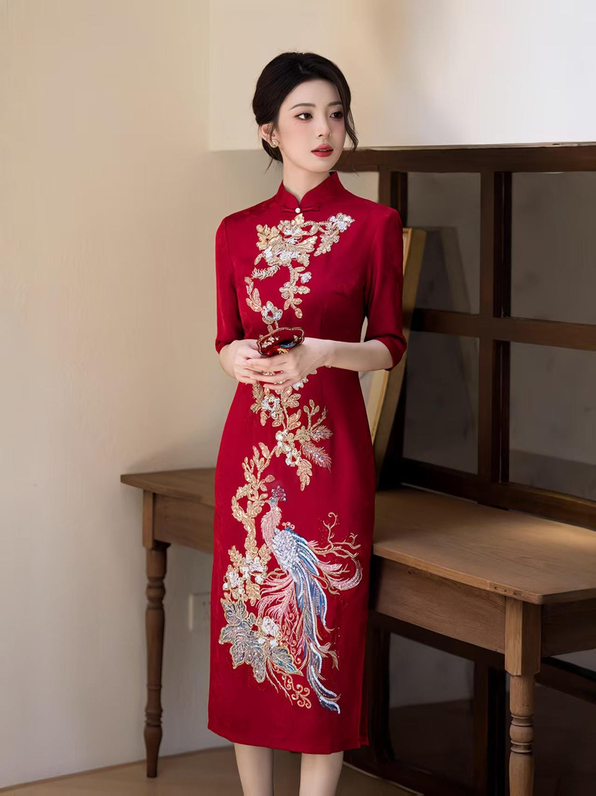 Women's Red Embroidered Qipao Cheongsam Dress – additional product view