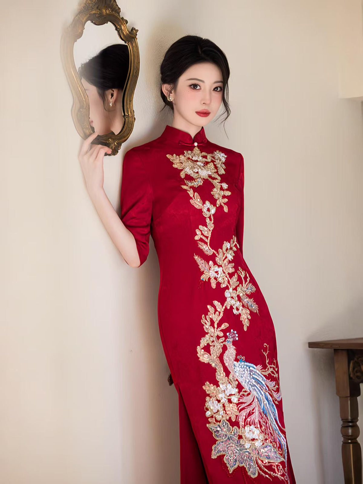 Women's Red Embroidered Qipao Cheongsam Dress – additional product view