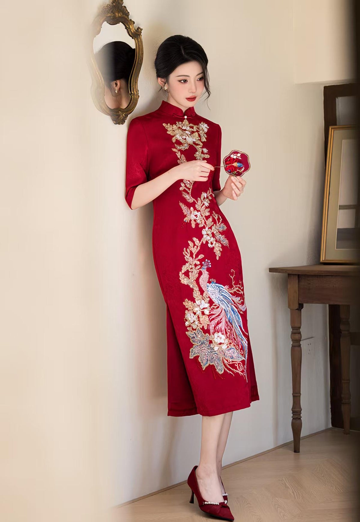 Women's Red Embroidered Qipao Cheongsam Dress – additional product view