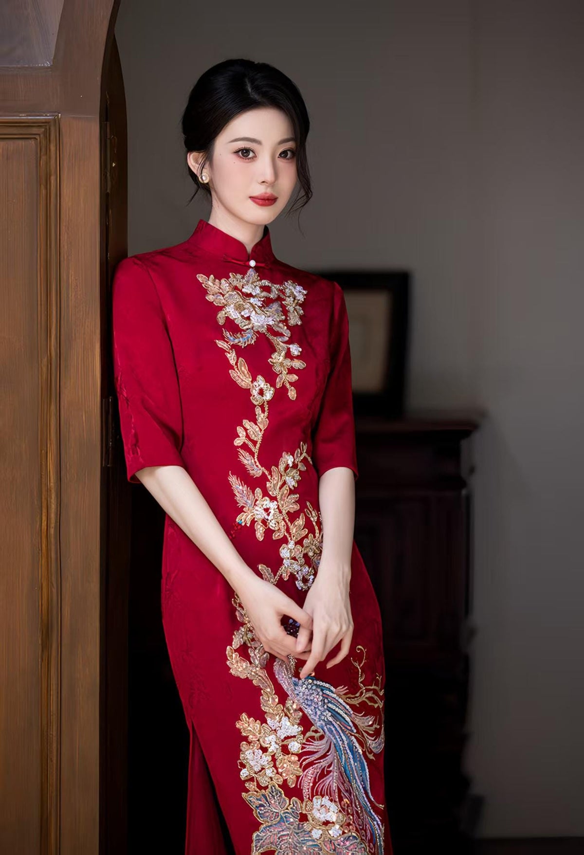 Women's Red Embroidered Qipao Cheongsam Dress – additional product view