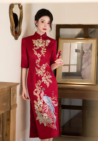 Women's Red Embroidered Qipao Cheongsam Dress – additional product view