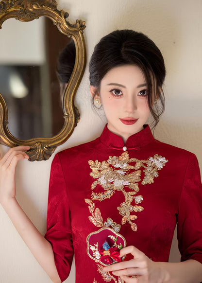 Women's Red Embroidered Qipao Cheongsam Dress – additional product view