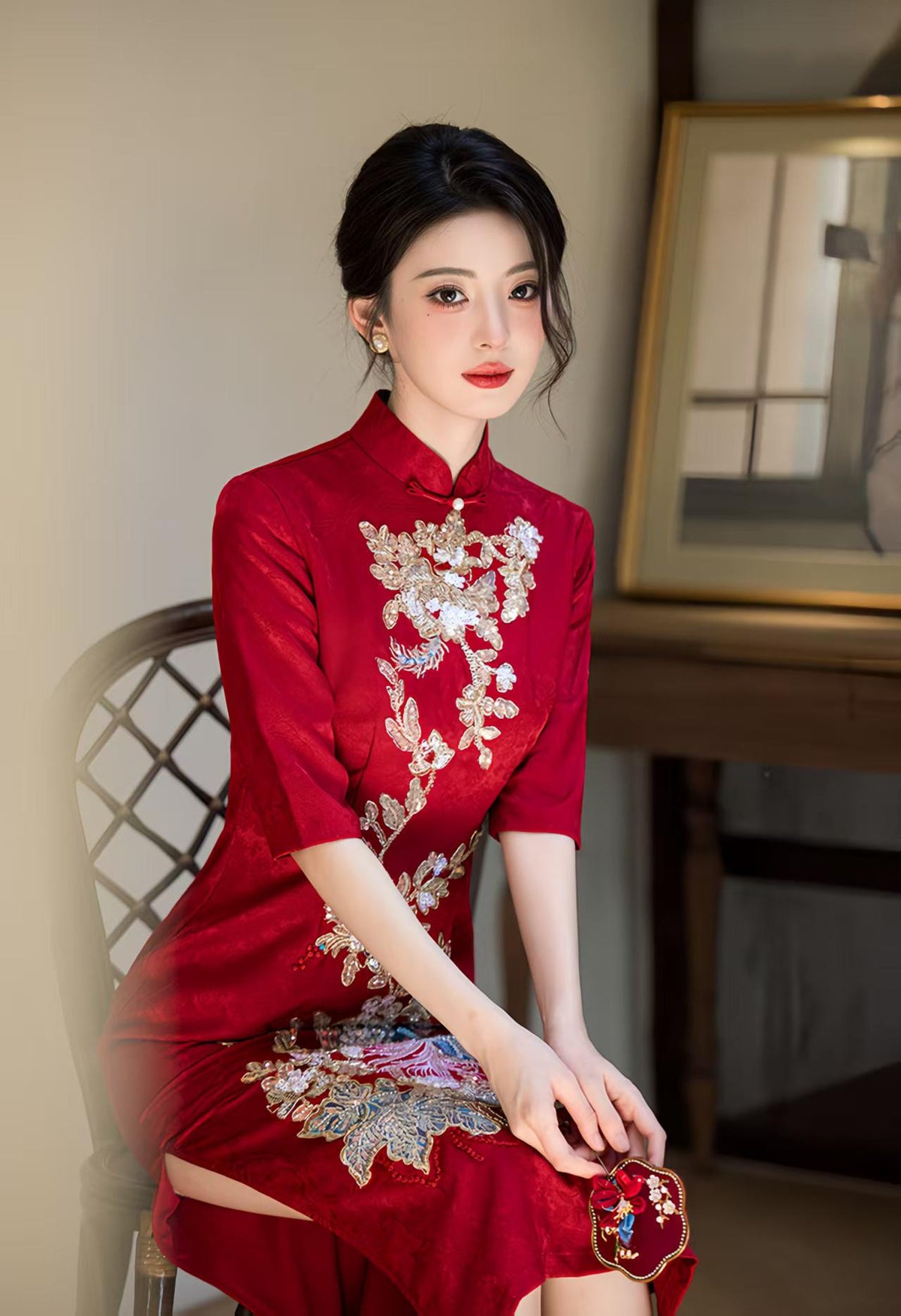 Women's Red Embroidered Qipao Cheongsam Dress – additional product view
