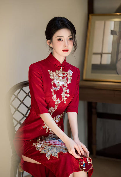 Women's Red Embroidered Qipao Cheongsam Dress – additional product view