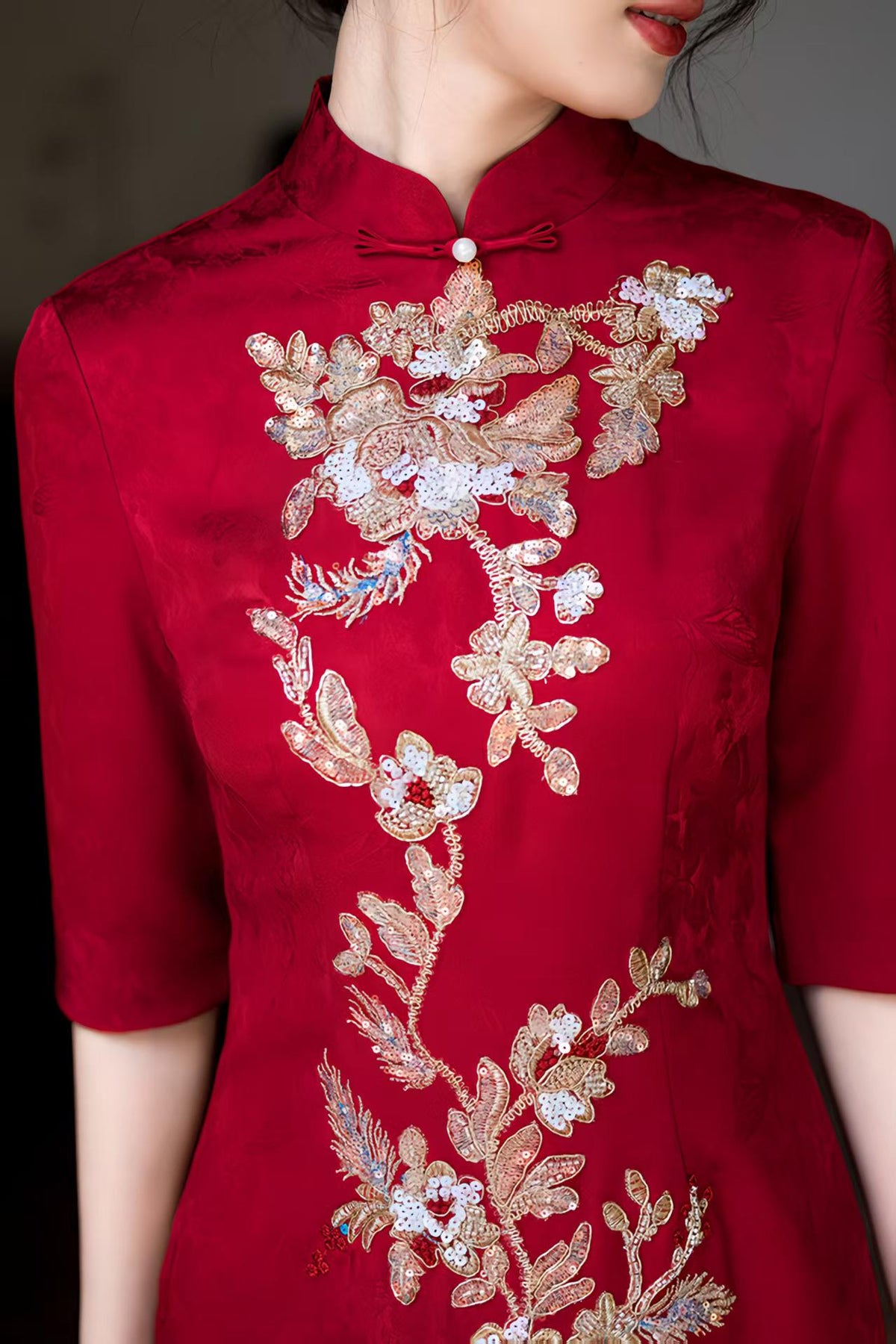 Women's Red Embroidered Qipao Cheongsam Dress – additional product view