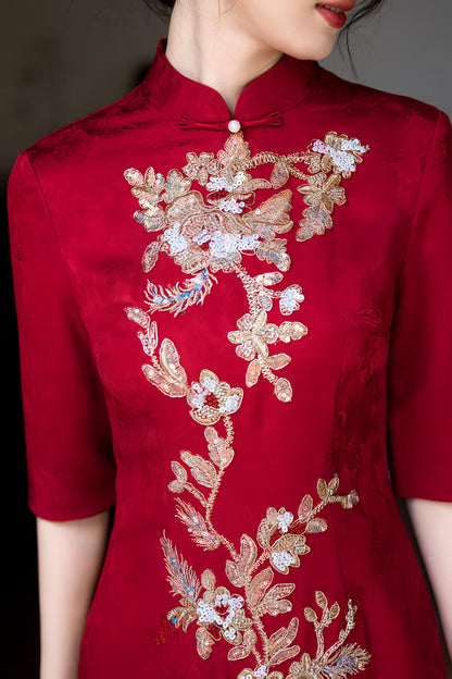 Women's Red Embroidered Qipao Cheongsam Dress – additional product view