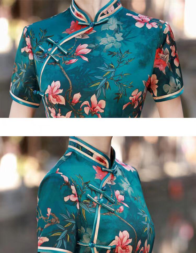 Women's Green Floral Silk Qipao Cheongsam Dress – Maxi – additional product view