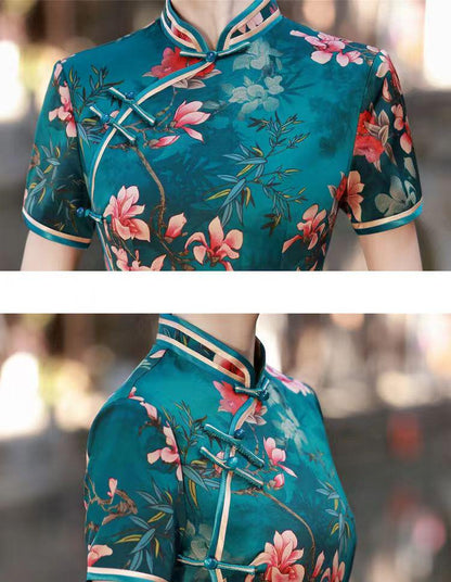 Women's Green Floral Silk Qipao Cheongsam Dress – Maxi – additional product view