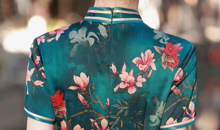 Women's Green Floral Silk Qipao Cheongsam Dress – Maxi – additional product view